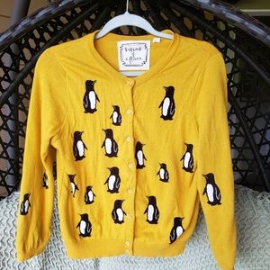 Mustard Yellow Penguin Print Cardigan Sweater
